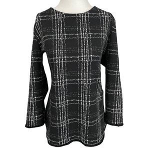 W5 Anthropologie Black White Plaid Quarter Sleeve Round Neck Sweater